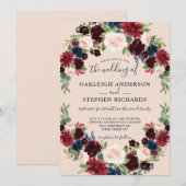 Elegante Bourgondische, roze en marine bloemenbrui Kaart (Voorkant / Achterkant)