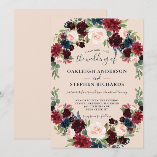 Elegante Bourgondische, roze en marine bloemenbrui Kaart (Voorkant / Achterkant)