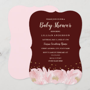 Elegante Bourgondische roze gouden pioen meisje Ba Kaart