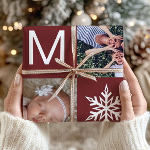 Elegante Bourgondische sneeuwvlok Fotocollage Kers Cadeaupapier