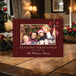 Elegante Bourgondische streepjes familie foto kers Briefkaart
