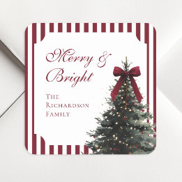 Elegante Bourgondische Strik Waterverf Kerstboom Vierkante Sticker