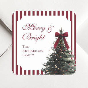 Elegante Bourgondische Strik Waterverf Kerstboom Vierkante Sticker