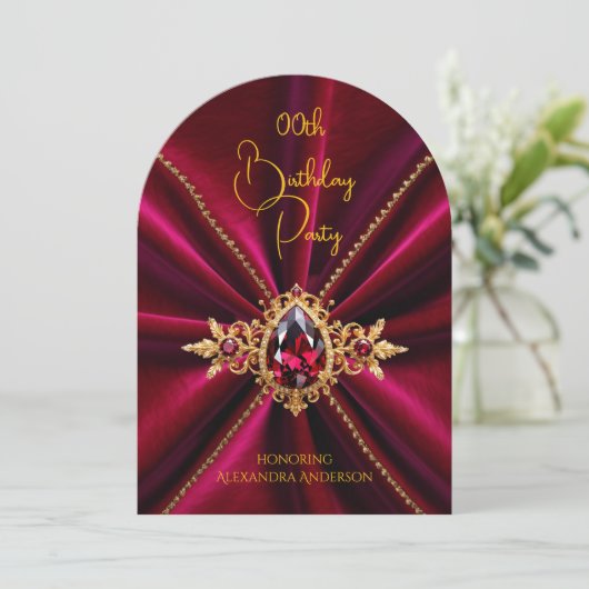 Elegante Bourgondische Verjaardag Gouden Juweel Fa Kaart (Staand voorkant)