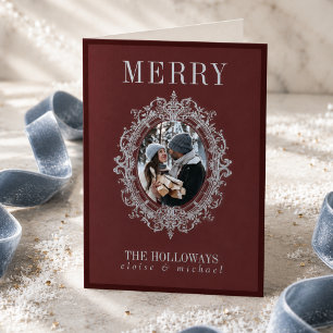 Elegante Bourgondische Vintage Lijst Foto Merry Feestdagen Kaart