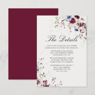 Elegante Bourgondische Waterverf Bloemen Trouwdeta Informatiekaartje