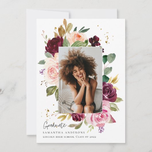 Elegante Bourgondische Waterverf Floral Afstuderen Kaart (Voorkant)