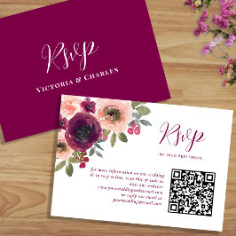 Elegante Bourgondische Waterverf Floral Qr-code RSVP Kaartje