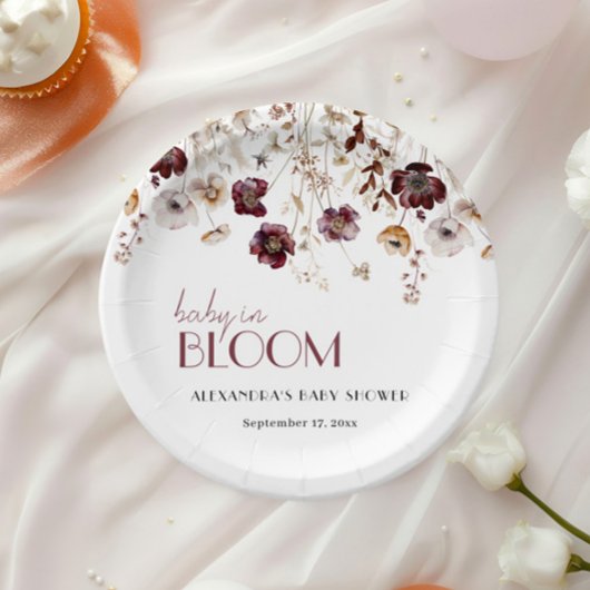 Elegante Bourgondische Wildflowers Meisje Baby sho Papieren Bordje