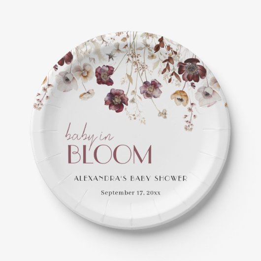 Elegante Bourgondische Wildflowers Meisje Baby sho Papieren Bordje (Voorkant)