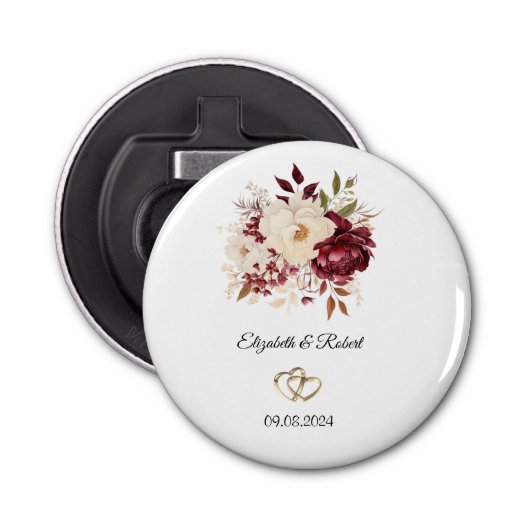 Elegante Bourgondische witte bloemen Button Flesopener (Voorkant)
