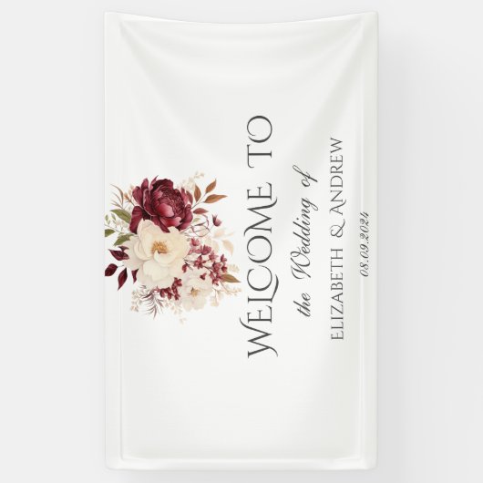 Elegante Bourgondische witte bloemen Spandoek (Verticaal)