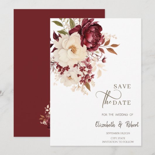 Elegante Bourgondische witte bloemen sparen de dat Save The Date (Voorkant / Achterkant)