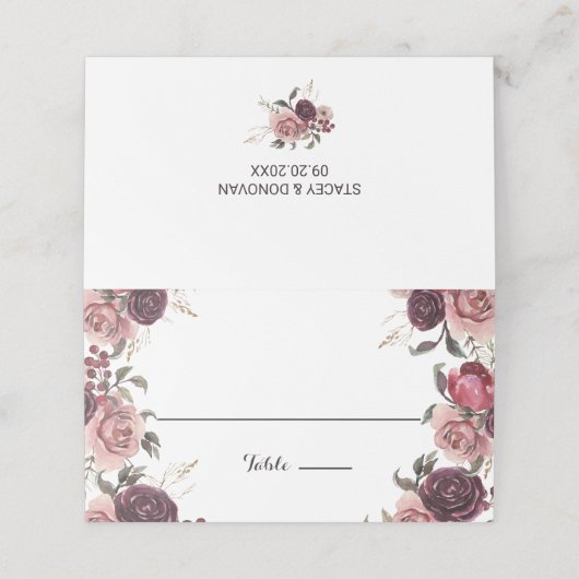 Elegante Bourgondische zomer bloemenbruiloft plaat Plaatskaartje (Buitenkant ongevouwen)