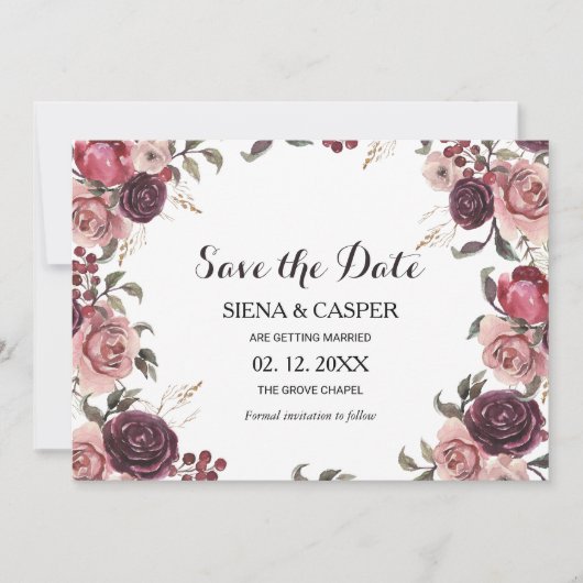 Elegante Bourgondische Zomerbruiloft Save the Date Kaart (Voorkant)
