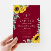 Elegante Bourgondische zonnebloem kruis doop Kaart