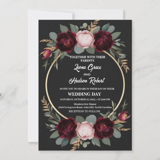 Elegante Bourgondische, zwarte en gouden bloemenbr Kaart (Voorkant)