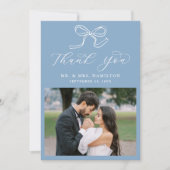 Elegante Bow Blue foto bruiloft Bedankkaart (Voorkant)
