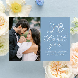 Elegante Bow Blue foto bruiloft Bedankkaart