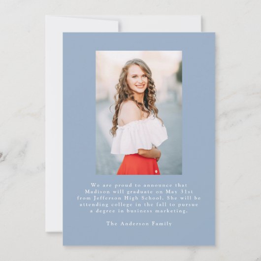 Elegante Bow Blue Photo Afstuderen Aankondiging (Achterkant)