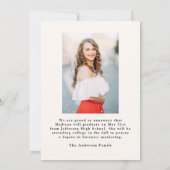 Elegante  Bow Cream Foto Afstuderen Aankondiging (Achterkant)