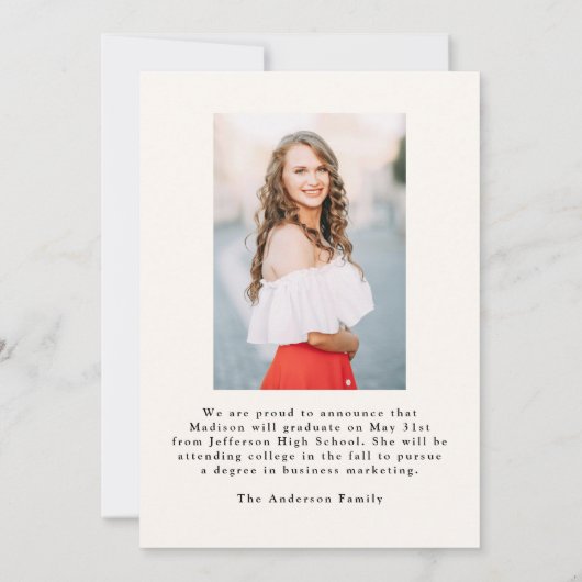 Elegante Bow Cream Foto Afstuderen Aankondiging (Achterkant)