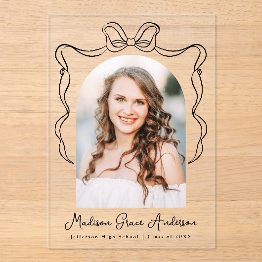 Elegante Bow Foto Acryl Afstuderen Aankondiging (Voorkant)