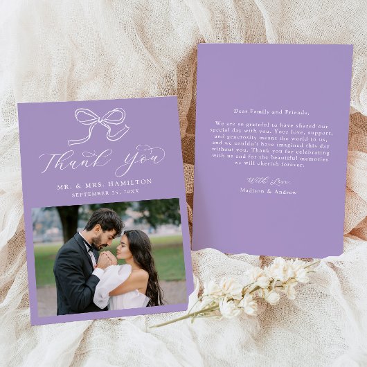 Elegante Bow Lavendel Fotobruiloft Bedankkaart