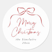 Elegante Bow Merry Christmas familienaam Ronde Sticker (Voorkant)