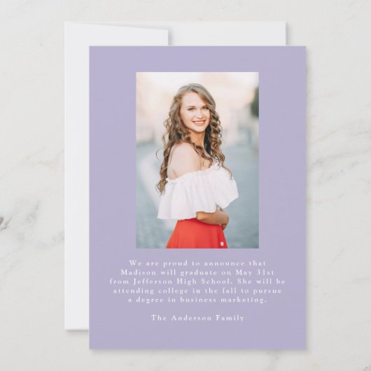 Elegante  Bow Paarse Foto Afstuderen Aankondiging (Achterkant)