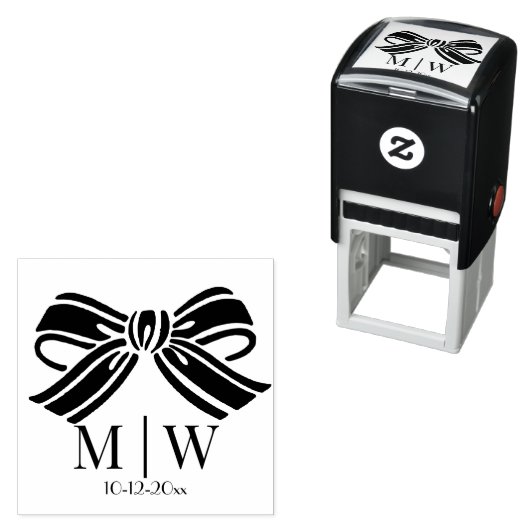 Elegante Bow Ribbon #5 Trouwpaar Initialen Datum Zelfinktende Stempel (In situ)