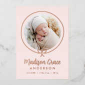 Elegante Bow Roos Gold Folie Geboorteaankondiging Folie Uitnodiging (Voorkant)