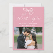 Elegante Bow Roos Roze Fotobruiloft Bedankkaart (Voorkant)