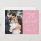 Elegante Bow Roos Roze Fotobruiloft Bedankkaart (Voorkant)