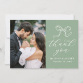 Elegante Bow Sage Green Fotobruiloft Bedankkaart (Voorkant)