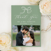 Elegante Bow Sage Green Fotobruiloft Bedankkaart
