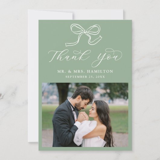 Elegante Bow Sage Green Fotobruiloft Bedankkaart (Voorkant)