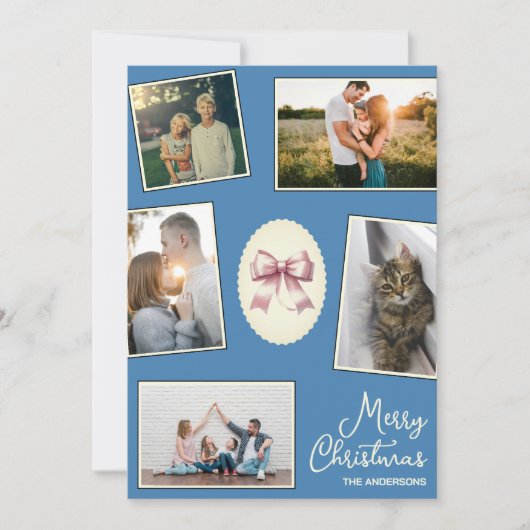 Elegante Bow Steel Blue Christmas Fotocollage Feestdagenkaart (Voorkant)
