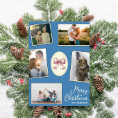 Elegante Bow Steel Blue Christmas Fotocollage Feestdagenkaart
