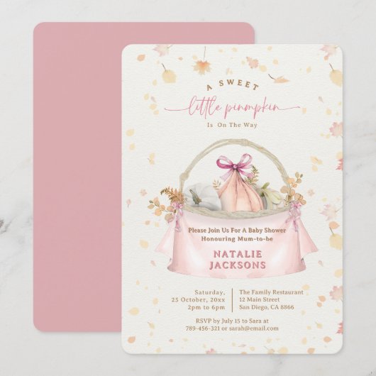 Elegante Bow Sweet Pink Little Pumpkin Baby shower Kaart (Voorkant / Achterkant)