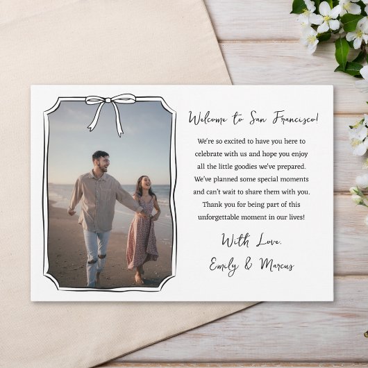 Elegante Bow Wedding Welcome Bag Kaart met Foto