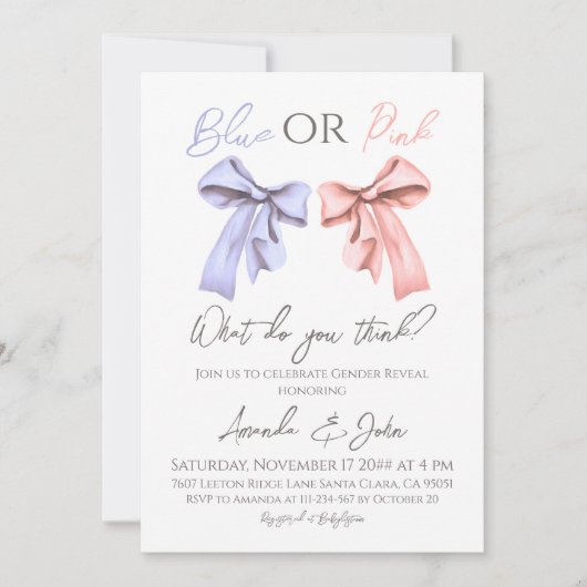 Elegante Bows Blauw of Roze Geslacht Onthullen Kaart (Voorkant)