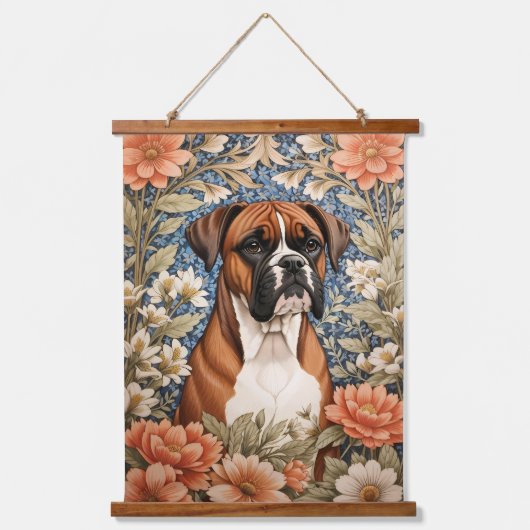 Elegante Boxerhond William Morris Geïnspireerd Hangend Wandkleed (Voorkant)