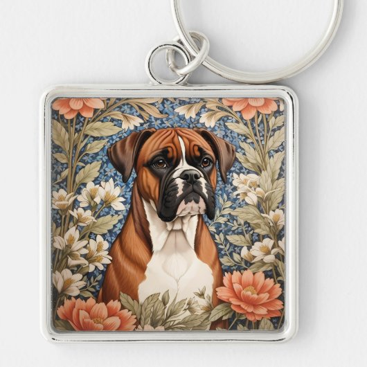 Elegante Boxerhond William Morris Geïnspireerd Sleutelhanger (Voorkant)