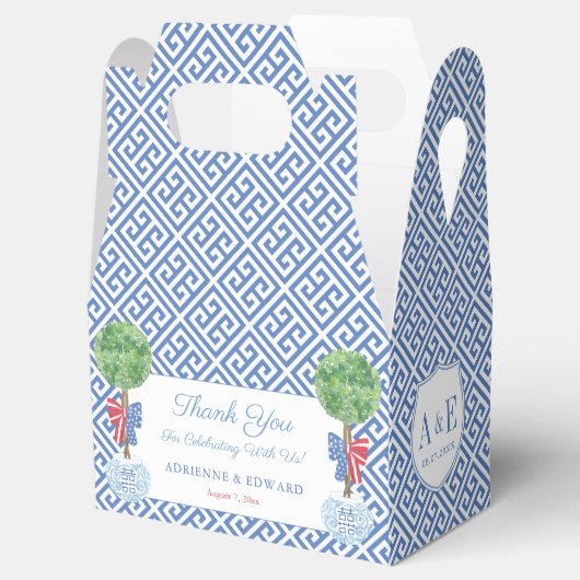 Elegante Boxwood Topiary Monogram Juli 4de Bruilof Bedankdoosjes (Geopend)