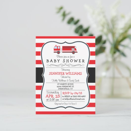 Elegante brandweerwagen Baby shower uitnodiging (Staand voorkant)