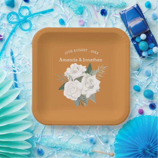 Elegante Brandy Punch Bruin & Witte Rozen Bruiloft Papieren Bordje (Feest)