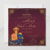 Elegante Bright Red Gold Indiase bruiloft uitnodig (Achterkant)