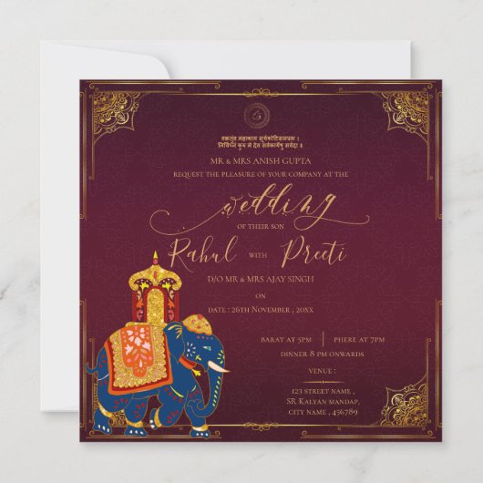 Elegante Bright Red Gold Indiase bruiloft uitnodig (Achterkant)