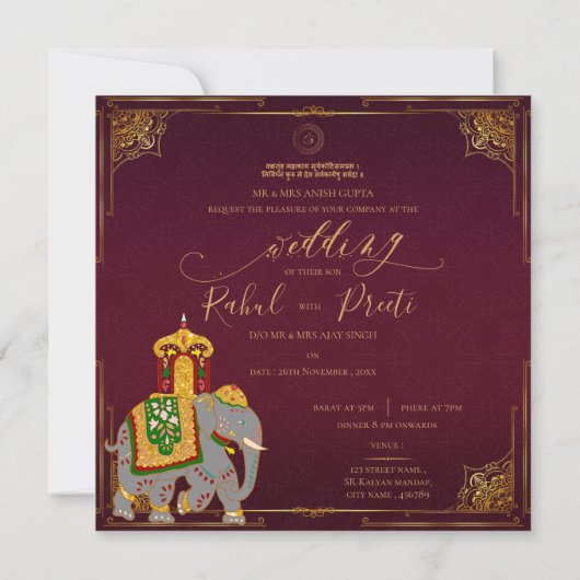 Elegante Bright Red Gold Indiase bruiloft uitnodig (Achterkant)